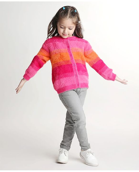 Babyhug Knitted Full Sleeves Striped Front Open Sweater- Multicolor