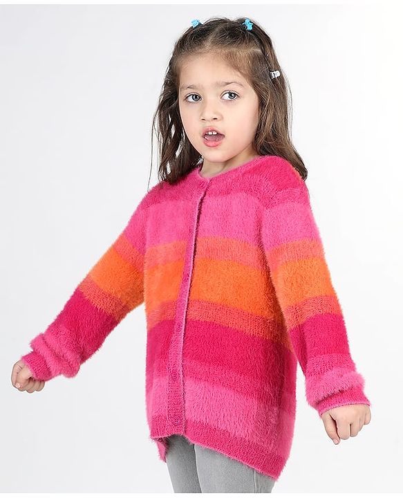 Babyhug Knitted Full Sleeves Striped Front Open Sweater- Multicolor