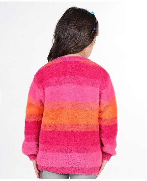 Babyhug Knitted Full Sleeves Striped Front Open Sweater- Multicolor