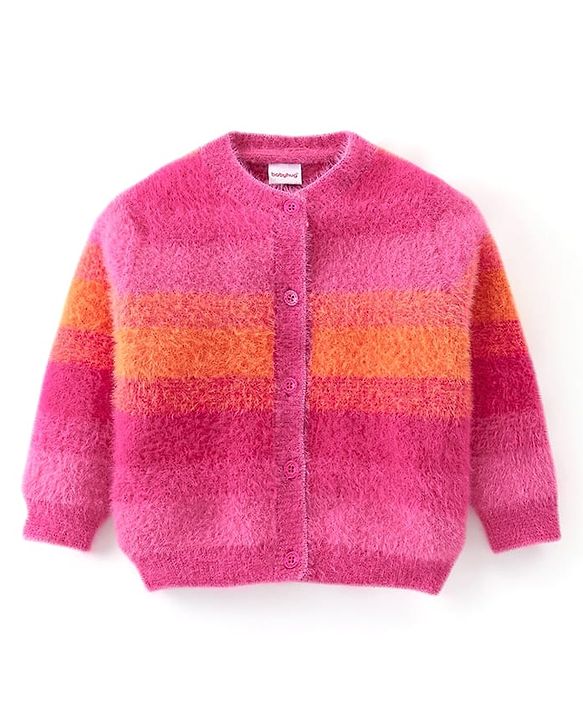 Babyhug Knitted Full Sleeves Striped Front Open Sweater- Multicolor