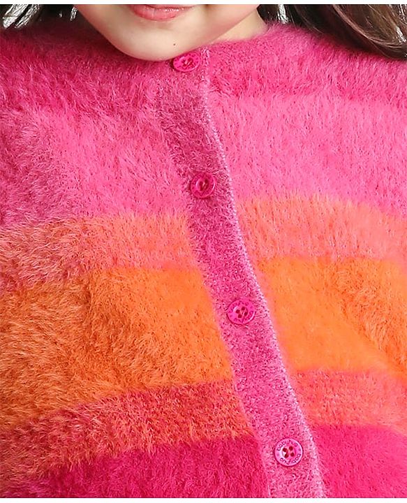 Babyhug Knitted Full Sleeves Striped Front Open Sweater- Multicolor