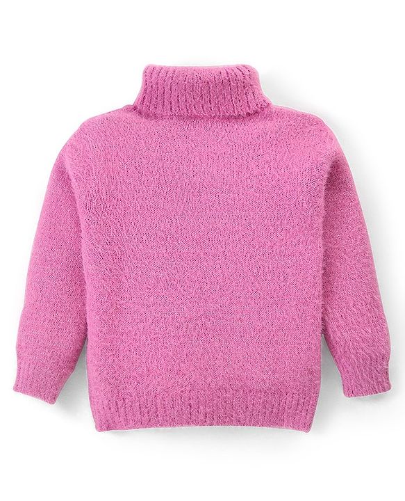 Babyhug Knit Full Sleeves Solid Colour Turtle Neck Sweater with Star Applique - Pink