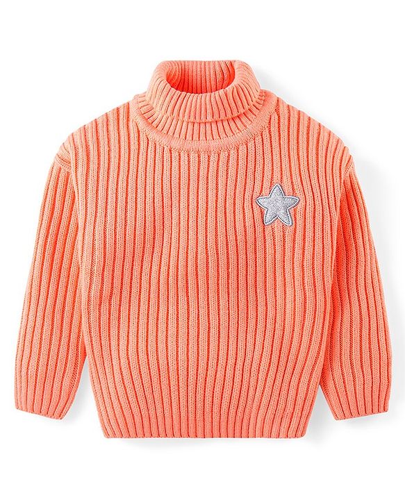 Babyhug Knit Full Sleeves Solid Colour Turtle Neck Sweater with Star Applique - Orange