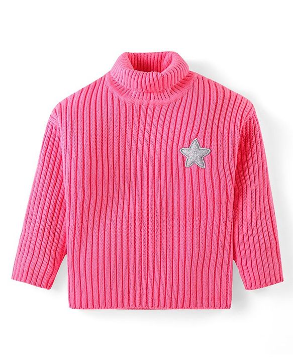 Babyhug Knit Full Sleeves Solid Colour Turtle Neck Sweater with Star Applique - Pink
