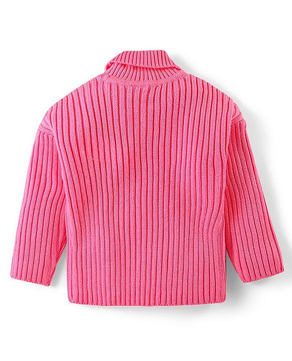 Babyhug Knit Full Sleeves Solid Colour Turtle Neck Sweater with Star Applique - Pink