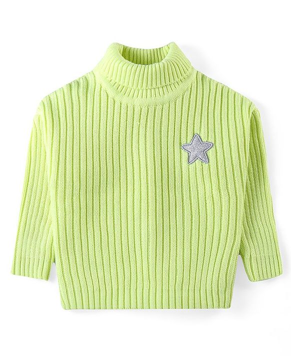 Babyhug Knit Full Sleeves Solid Colour Turtle Neck Sweater with Star Applique - Pink