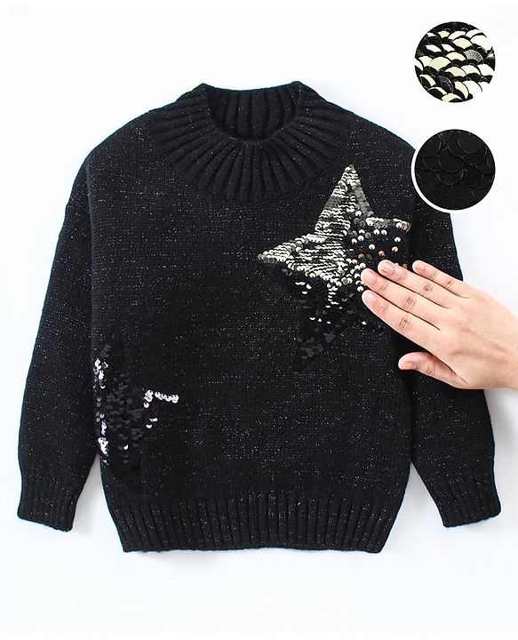 Babyhug Knitted Full Sleeves Shimmered Pullover Sweater with Reversible Sequins Detailing - Black
