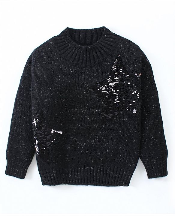 Babyhug Knitted Full Sleeves Shimmered Pullover Sweater with Reversible Sequins Detailing - Black