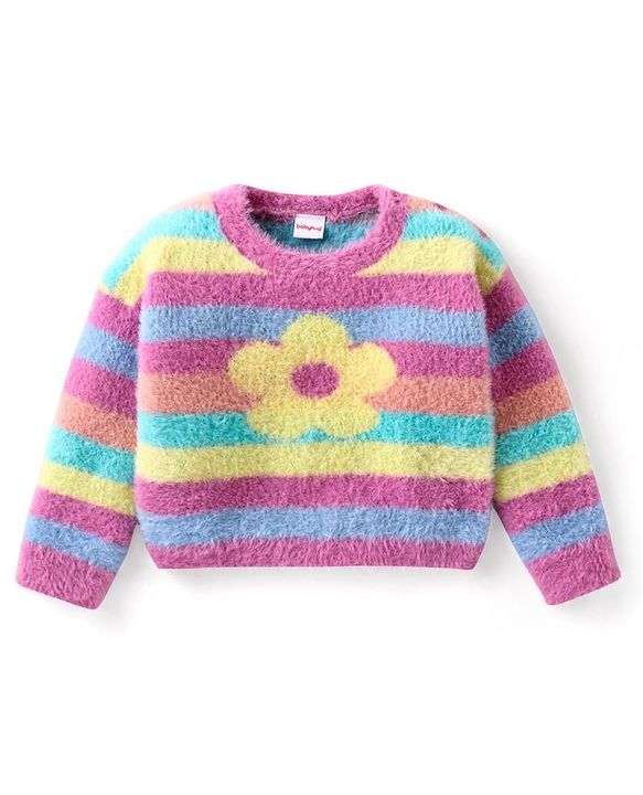 Babyhug Knitted Full Sleeves Pullover Sweater with Striped & Floral Design - Multicolour