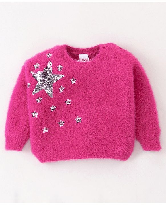 Babyhug Knitted Full Sleeves Pullover Sweater with Sequin Star Embroidery - Fuchsia