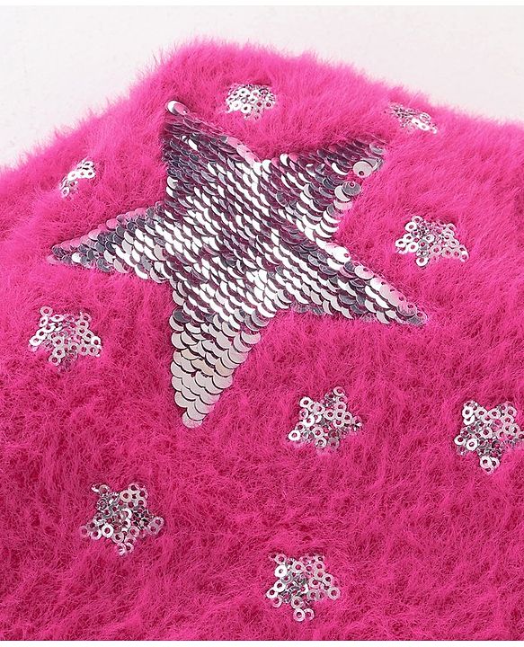 Babyhug Knitted Full Sleeves Pullover Sweater with Sequin Star Embroidery - Fuchsia