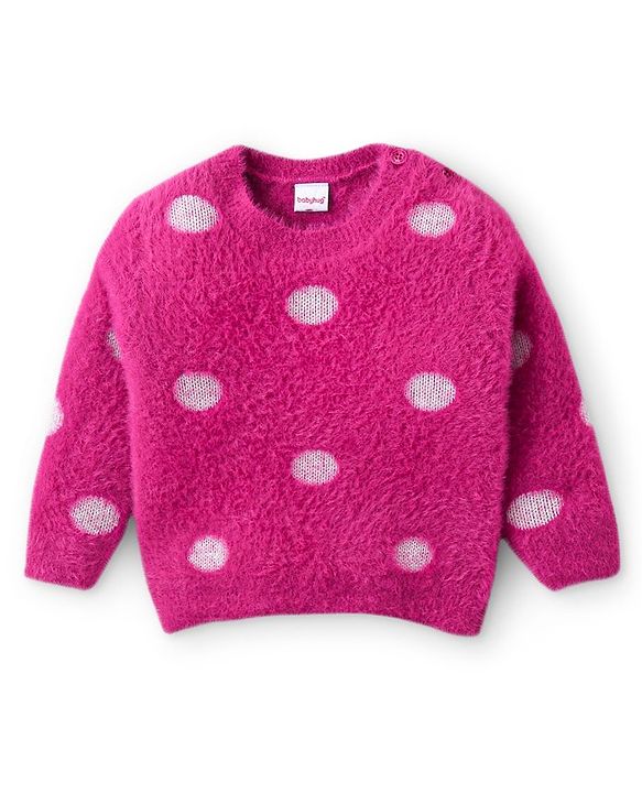 Babyhug Knitted Full Sleeves Pullover Sweater with Polka Dots Design - Fuschia