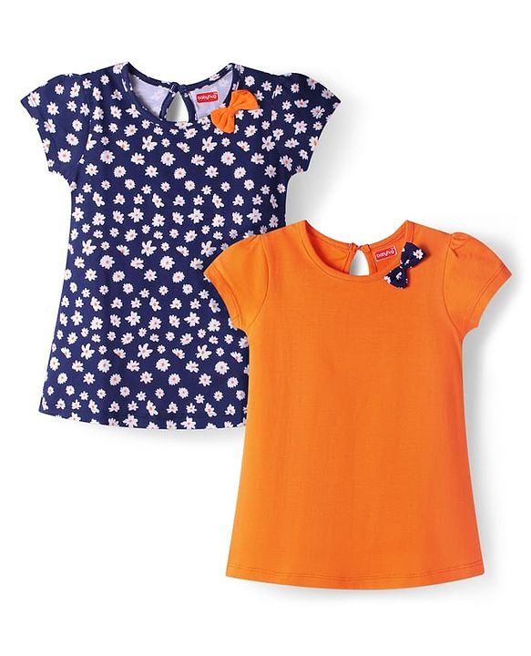 Babyhug Single Jersey Knit Half Sleeves Frocks With Floral Print & Bow Applique Pack of 2 - Navy Blue & Orange
