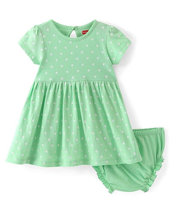 Babyhug Single Jersey Knit Half Sleeves Frock With Bloomer Polka Dot Print - Green