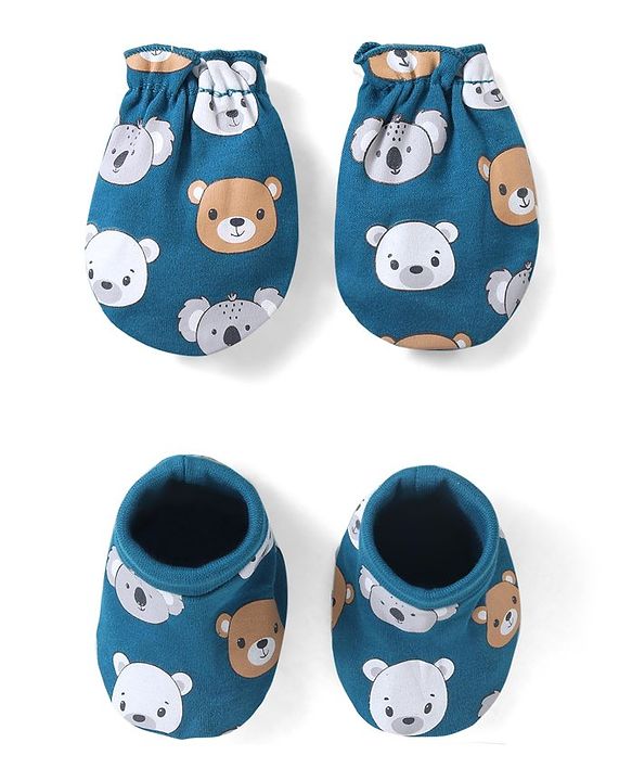 Babyhug 100% Cotton Bear Printed Mittens & Booties  - Navy Blue