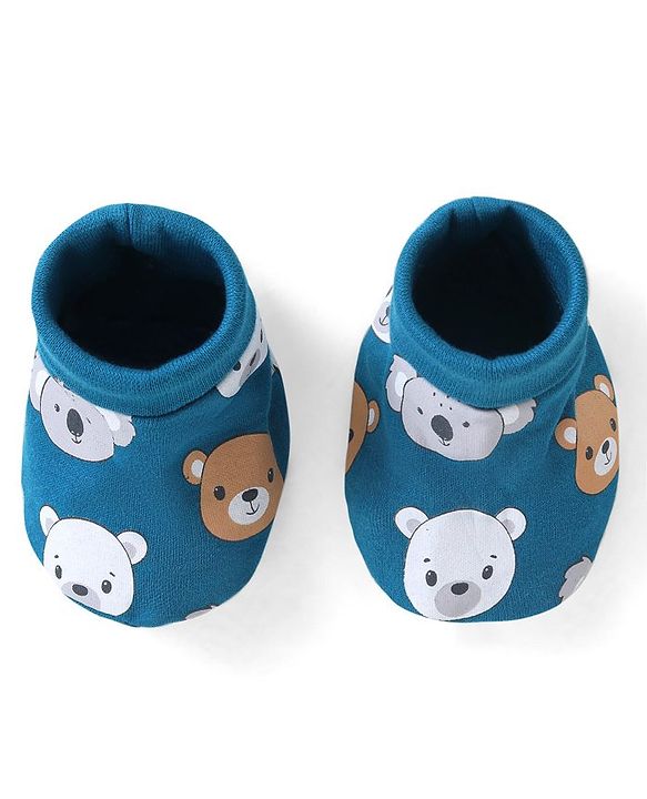 Babyhug 100% Cotton Bear Printed Mittens & Booties  - Navy Blue