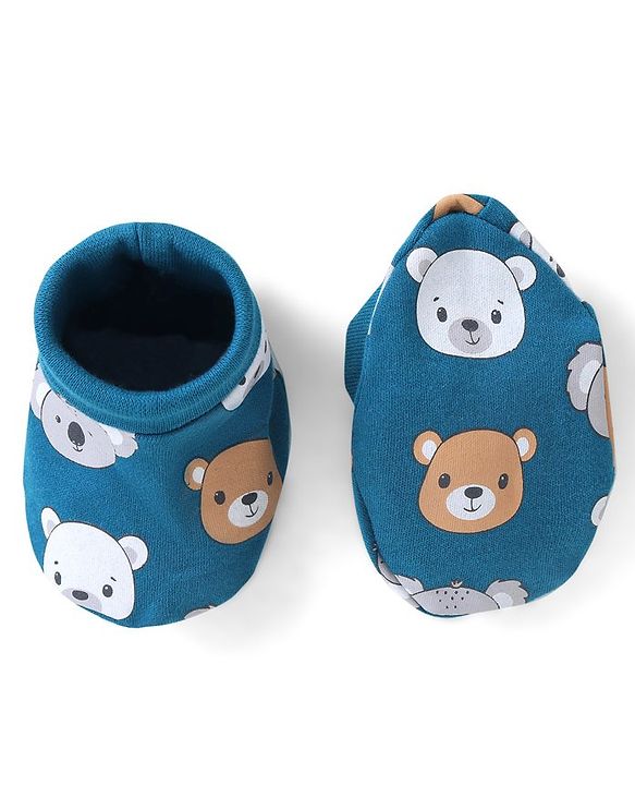 Babyhug 100% Cotton Bear Printed Mittens & Booties  - Navy Blue