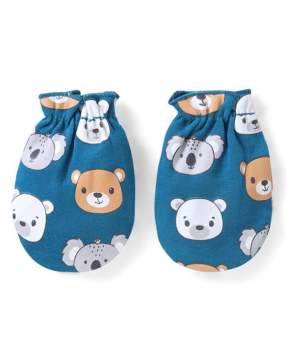 Babyhug 100% Cotton Bear Printed Mittens & Booties  - Navy Blue
