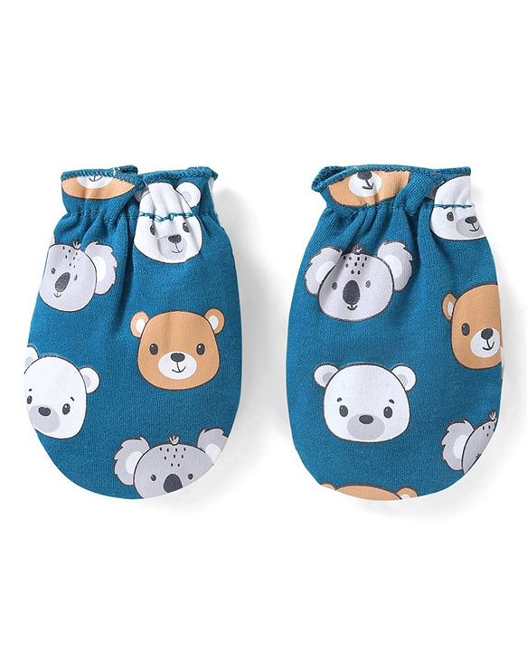 Babyhug 100% Cotton Bear Printed Mittens & Booties  - Navy Blue