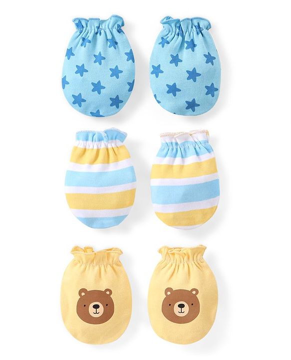 Babyhug 100% Cotton Mittens Multicolor Pack of 3 - Blue & Yellow