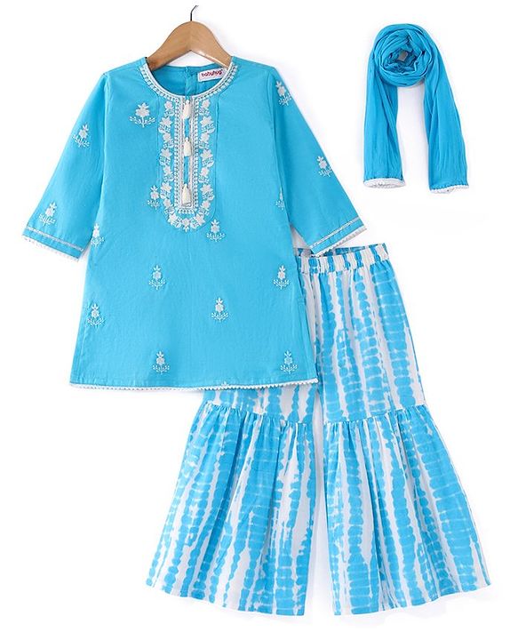 Babyhug Full Sleeves Cotton Woven Embroidered Kurta Gharara Set with Dupatta Tie & Dye Print - Blue & White