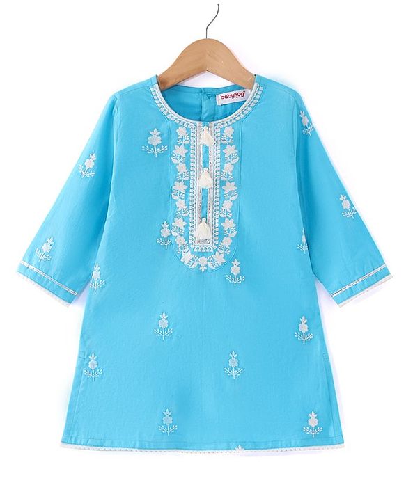 Babyhug Full Sleeves Cotton Woven Embroidered Kurta Gharara Set with Dupatta Tie & Dye Print - Blue & White