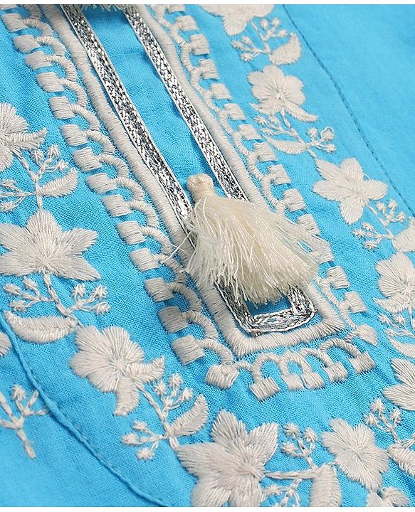 Babyhug Full Sleeves Cotton Woven Embroidered Kurta Gharara Set with Dupatta Tie & Dye Print - Blue & White