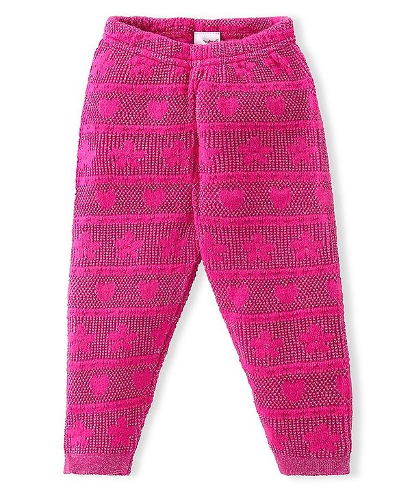 Babyhug Cable Knit Full Length Fleece & Woollen Pant Floral & Heart Design  - Pink