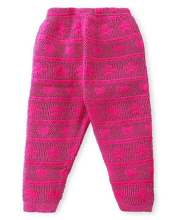 Babyhug Cable Knit Full Length Fleece & Woollen Pant Floral & Heart Design  - Pink