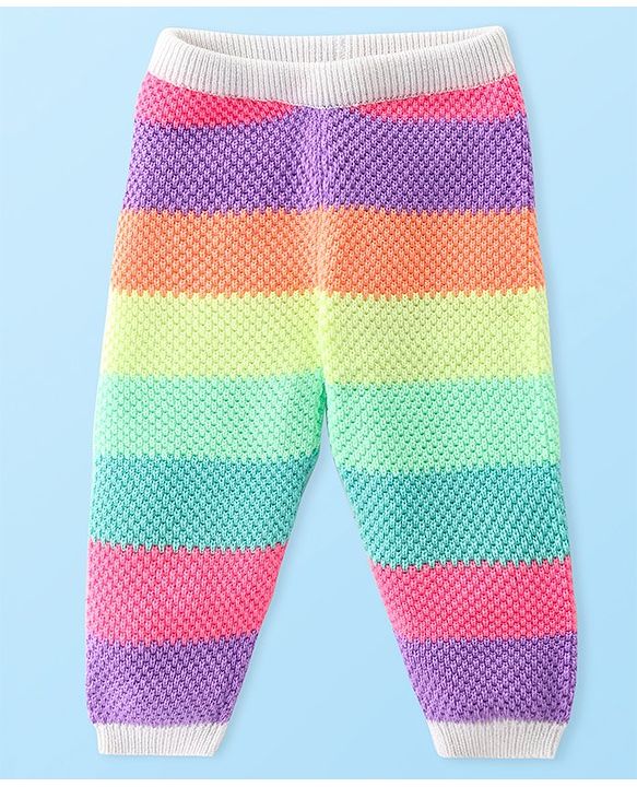 Babyhug Sweater Knit Fleece & Woollen Full Length Pyjama with Stripes - Multicolour