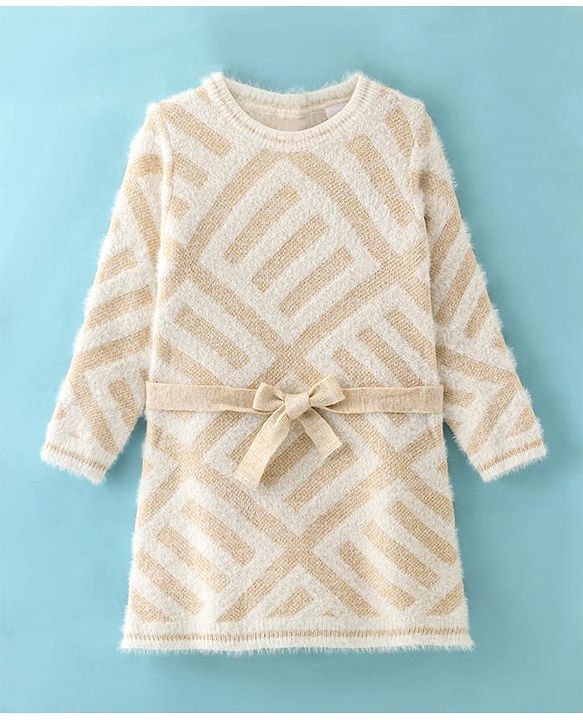 Babyhug Knitted Full Sleeves Designed Woollen Dress - White
