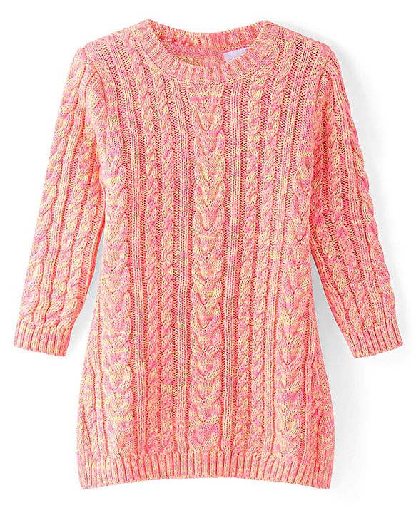 Babyhug Full Sleeves Cable Knit Woollen Dress - Light Peach