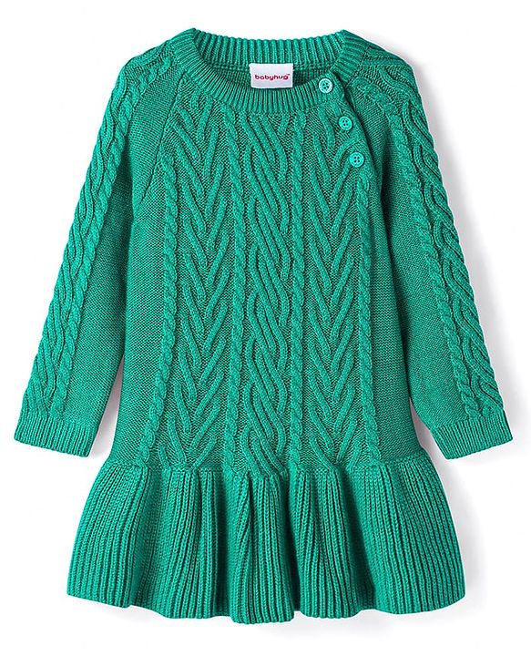 Babyhug Knit Full Raglan Sleeves Cable Knit Woolen Dress - Green