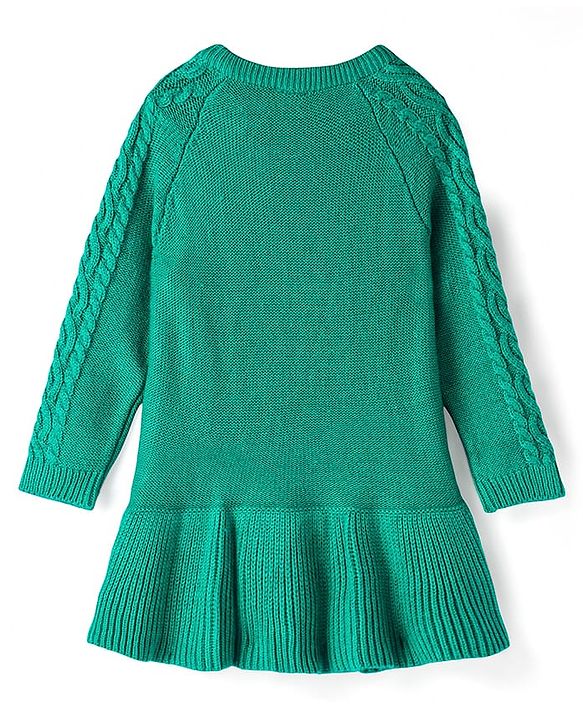 Babyhug Knit Full Raglan Sleeves Cable Knit Woolen Dress - Green