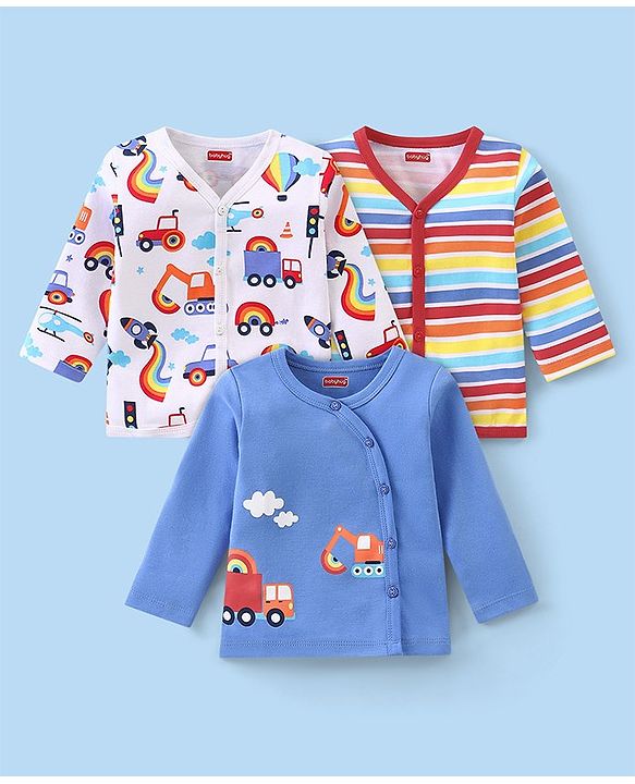 Babyhug 100 % Cotton Knit Full Sleeves  Front Open Vests With Stripes & Vehicle Print Pack Of 3 - Multicolor
