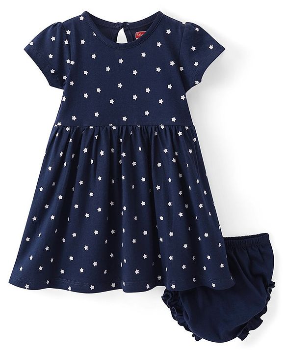 Babyhug Single Jersey Half Sleeves Frock with Bloomer Stars Print - Navy Blue