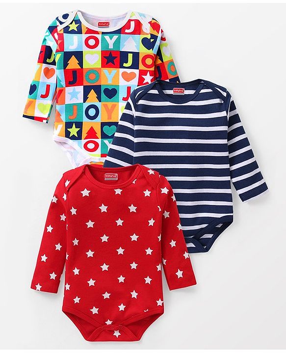 Babyhug 100% Cotton Knit Full Sleeves Alphabet Print Onesies Pack of 3 - Multicolour
