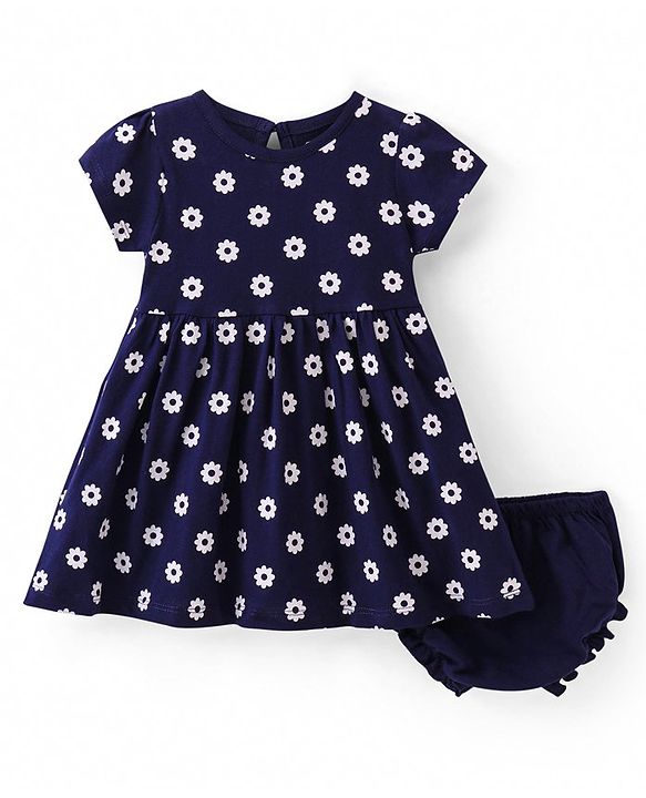 Babyhug Single Jersey Half Sleeves Frock with Floral Print - Navy Blue