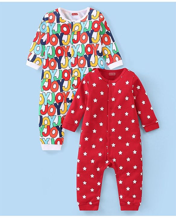 Babyhug 100% Cotton Knit Full Sleeves Romper Alphabet Print Pack of 2- Multicolor