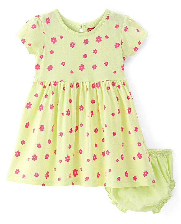 Babyhug Single Jersey Knit Half Sleeves Floral Printed Frock with Bloomer - Yellow