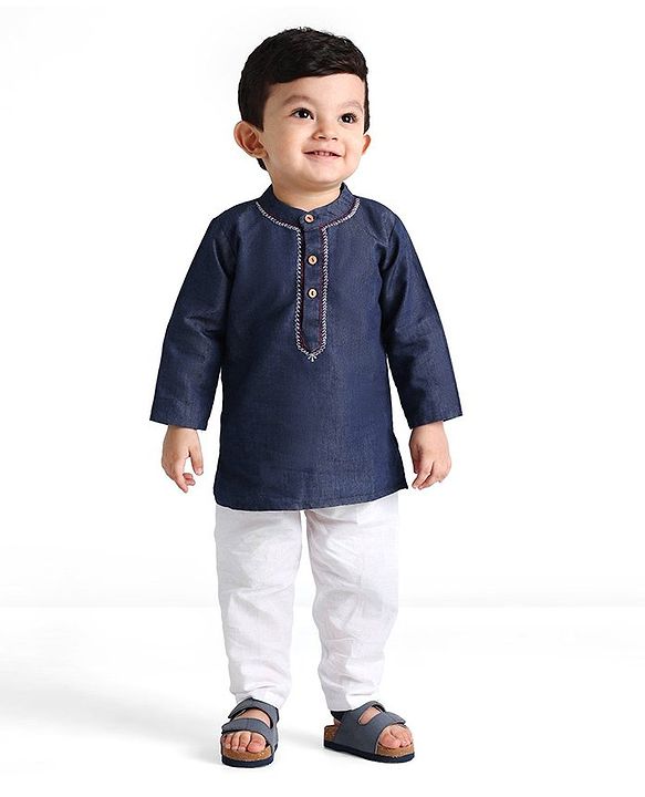 Babyhug Cotton Woven Cambric Full Sleeves Solid Denim Kurta Pyjama Set With Embroidery Detailing - Blue