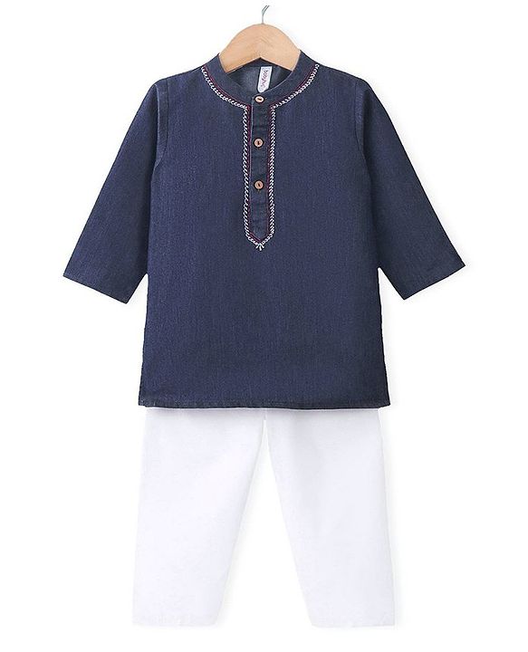 Babyhug Cotton Woven Cambric Full Sleeves Solid Denim Kurta Pyjama Set With Embroidery Detailing - Blue