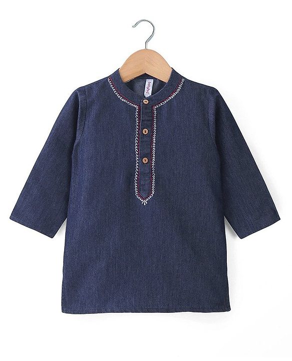 Babyhug Cotton Woven Cambric Full Sleeves Solid Denim Kurta Pyjama Set With Embroidery Detailing - Blue