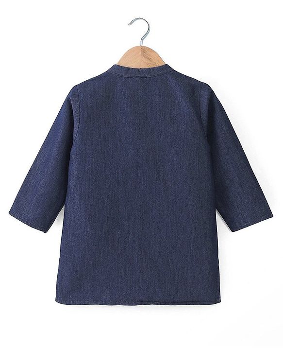 Babyhug Cotton Woven Cambric Full Sleeves Solid Denim Kurta Pyjama Set With Embroidery Detailing - Blue