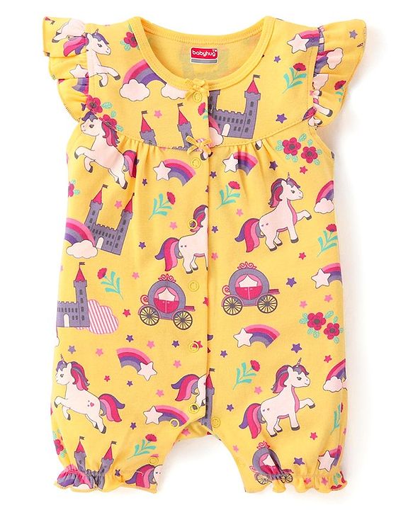 Babyhug 100% Cotton Knit Frill Sleeves Unicorn Printed Front Open Romper - Yellow