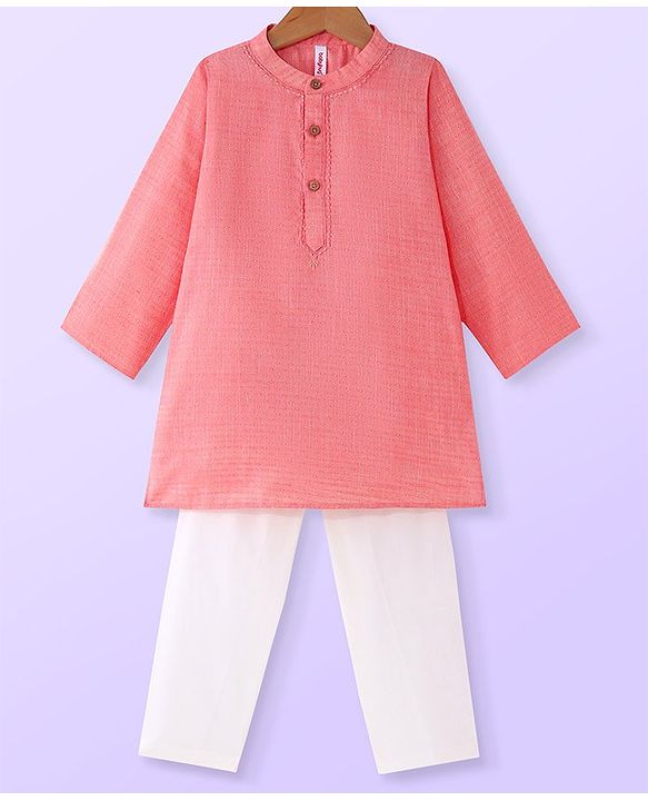 Babyhug Cambric Woven Full Sleeves Embroidered Kurta Pyjama Set - Coral