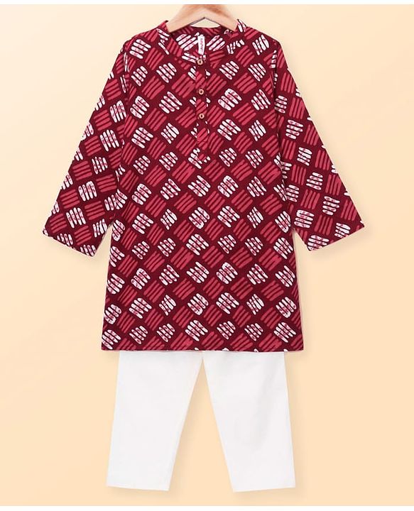 Babyhug Cambric Full Sleeves Printed Kurta Pyjama Set - Maroon