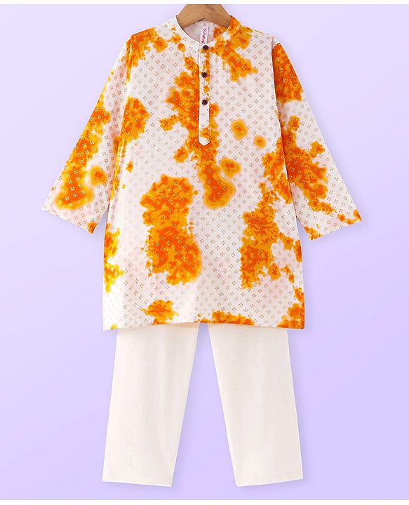 Babyhug Cotton Woven Full Sleeves Foil Printed Tie & Dye Kurta Pyjama Set - Yellow