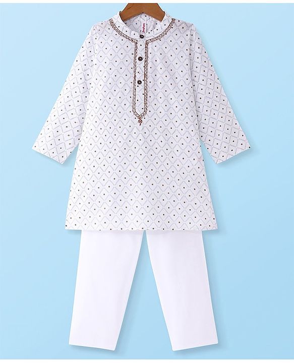 Babyhug Cambric Woven Full Sleeves Embroidered Kurta & Pyjama Set - Off White