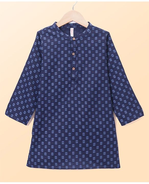 Babyhug Cabric Woven Full Sleeves Floral Printed Kurta & Pyjama Set - Navy Blue